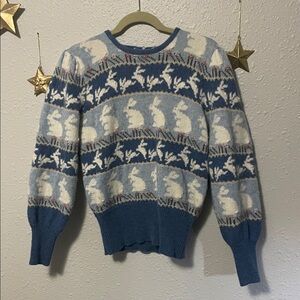 Susan Bristol Blue and White Bunny Sweater Puff Sleeve